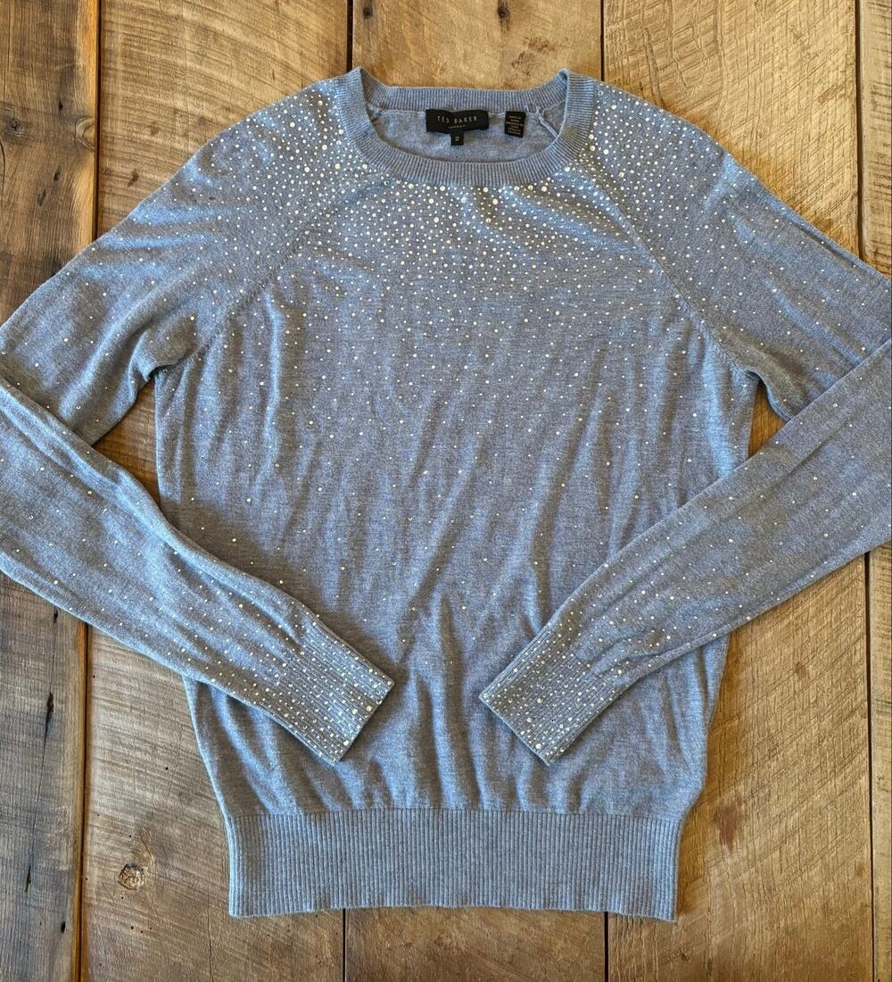 TED BAKER LONDON Sweater Soft Gray Embellished Detail Women’s— Size 2